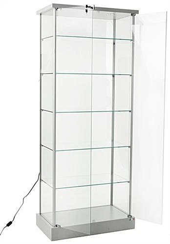 29" Glass Display Case W/ 5 Shelves, Top Lights, Wheels, Hinged Door - Silver - Image 2