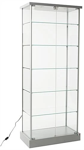 29" Glass Display Case W/ 5 Shelves, Top Lights, Wheels, Hinged Door - Silver