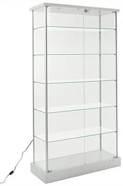 37" Glass Display Case W/5 Shelves, 2 Top Lights, Hidden Wheels & Hinged Door -Silver