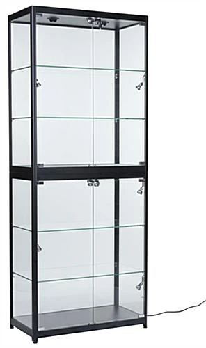 Portable Display Case W/Top & Side Lights, Locking Hinged Door, Carrying Case - Black