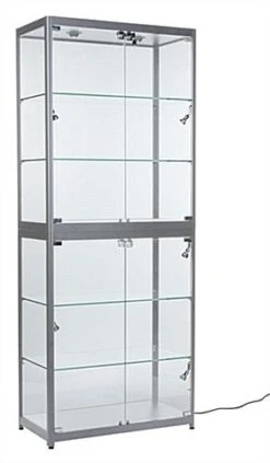 Portable Display Case W/Top & Side Lights, Locking Hinged Door, Carry Case - Silver
