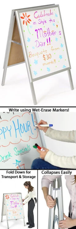 Write-on Sidewalk Sign With White 22x28 Surface For Wet Erase Pens, 2 Sided - Silver