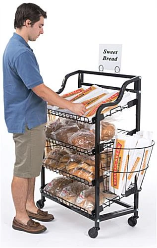 Bakery Display Rack W/ Wheels, 4 Shelves, 2 Side Baskets & Header - Black - Image 2