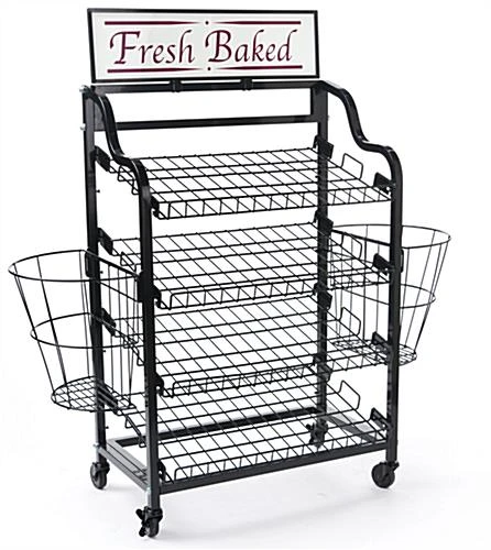 Bakery Display Rack W/ Wheels, 4 Shelves, 2 Side Baskets & Header - Black - Image 3