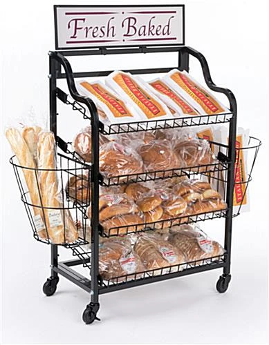 Bakery Display Rack W/ Wheels, 4 Shelves, 2 Side Baskets & Header - Black