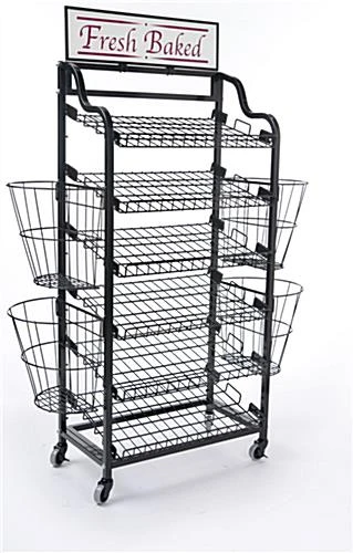 52"w Bakery Display Rack W/ Wheels, 6 Shelves, 4 Side Baskets & Header - Black
