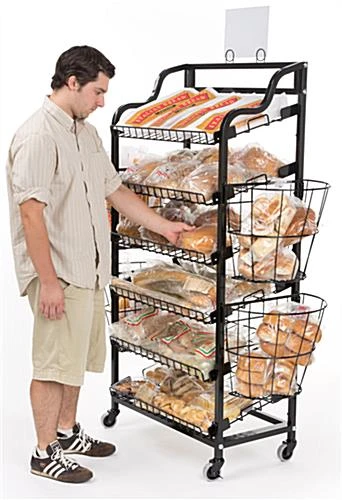 52"w Bakery Display Rack W/ Wheels, 6 Shelves, 4 Side Baskets & Header - Black - Image 3