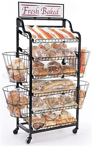 52"w Bakery Display Rack W/ Wheels, 6 Shelves, 4 Side Baskets & Header - Black - Image 2