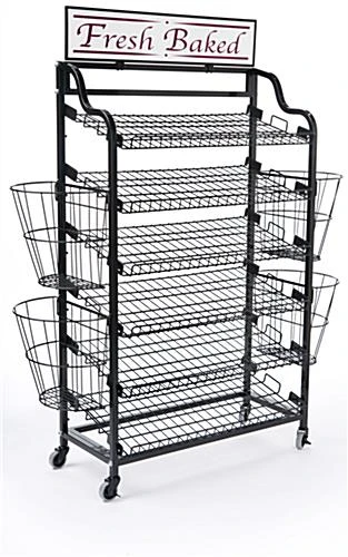 61"w Bakery Display Rack W/ Wheels, 6 Shelves, 4 Side Baskets & Header - Black - Image 2