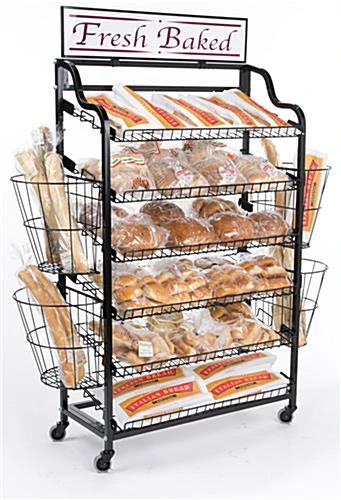 61"w Bakery Display Rack W/ Wheels, 6 Shelves, 4 Side Baskets & Header - Black