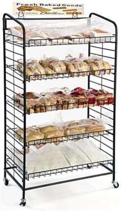 29"w Bakery Display Rack W/ Wheels, 5 Adjustable Shelves & 2 Sign Holders - Black