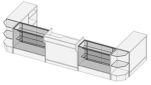 Store Counter Configuration W/ 7 Components, White Finish & Tempered Glass Shelves