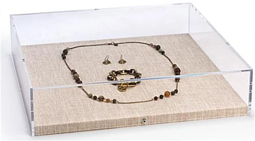 17 X 17 Wall Mounted Exhibit Case W/ Linen Backing, Acrylic Vitrine - Tan - Image 3