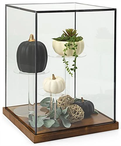 16.25" Countertop Display W/ Lift-Off Top, Black Copper Edging, Wooden Base - Clear