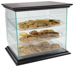 Acrylic Food Display Case With (3) Plastic Removable Trays - Mahogany Base & Top