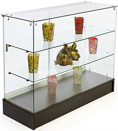 Retail Counter W/ Frameless Tempered Glass Design, 2 Fixed Shelves & Black Base