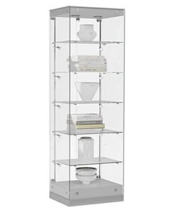 24โ Display Case W/ LED Lights, Frameless, Hinged Door, Ships Assembled - Silver