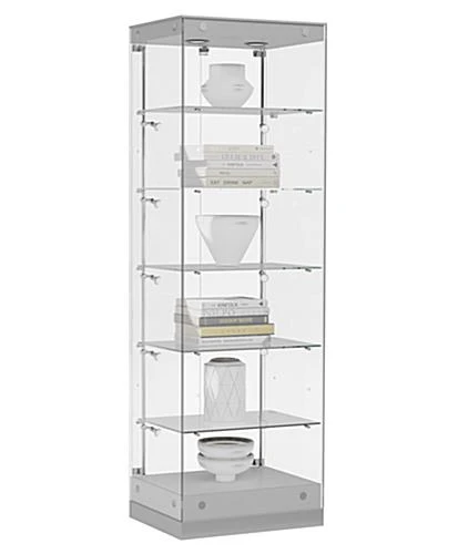 24β Display Case W/ LED Lights, Frameless, Hinged Door, Ships Assembled - Silver