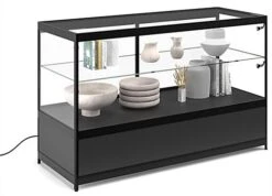 60" Retail Display Case W/ Storage, LED Side Lights, Sliding Door - Black