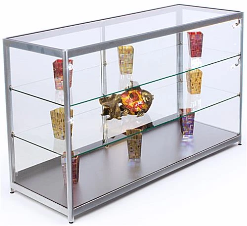 72β Retail Display Counter W/ 4 LED Lights, Sliding Doors, Ships Assembled - Silver