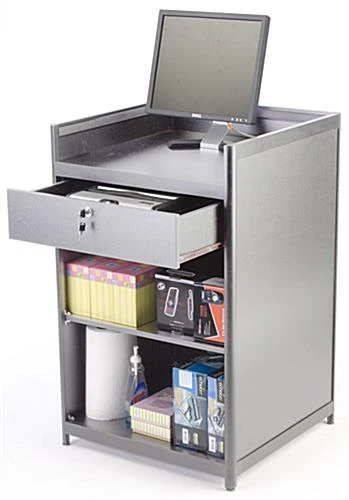 24" Cash Register Stand W/Locking Drawer, Adjustable Shelf, Ships Assembled - Silver
