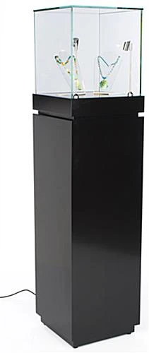 16" Pedestal Display Case W/ Cabinet Base, Locking Drawer, LED Spotlights - Black