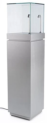16" Pedestal Display Case W/ Cabinet Base, Locking Drawer, LED Spotlights - Silver