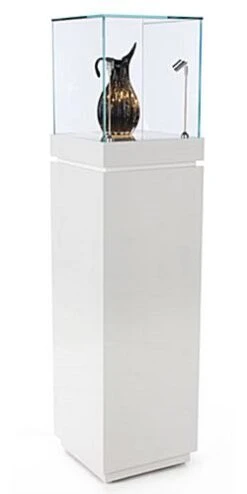 16" Pedestal Display Case W/ Cabinet Base, Locking Drawer, LED Spotlights - White