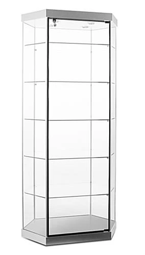 35" Hexagonal Display Case W/ LED Lights, Wheels & Locking Hinged Door - Silver