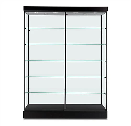 60" Glass Display Case W/ Top & Side Lights, Wheels, Locking Sliding Door - Black - Image 2