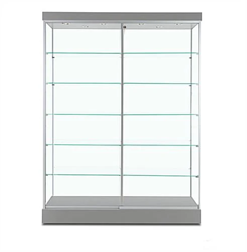60" Glass Display Case W/ Top Lights, Wheels, Locking Sliding Door - Silver - Image 2