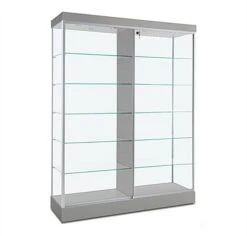 60" Glass Display Case W/ Top & Side Lights, Wheels, Locking Sliding Door - Silver
