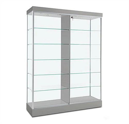 60" Glass Display Case W/ Top Lights, Wheels, Locking Sliding Door - Silver