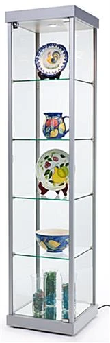 18" Glass Display Case W/4 Shelves, Locking Hinged Door, LED Top Lights - Silver