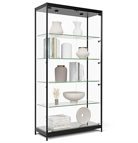 40" Display Case W/ LED Top & Side Lights, 4 Fixed Shelves, Hinged Doors - Black