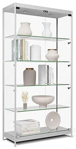 40" Display Case W/ LED Top & Side Lights, 4 Fixed Shelves, Hinged Doors - Silver