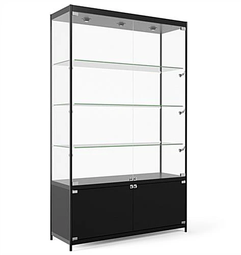 48” Display Case W/ 7 LED Top & Side Lights, 3 Fixed Shelves, Hinged Doors - Black - Image 2