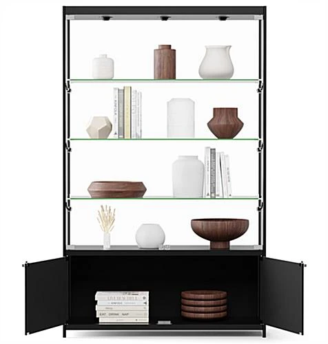 48” Display Case W/ 7 LED Top & Side Lights, 3 Fixed Shelves, Hinged Doors - Black - Image 6