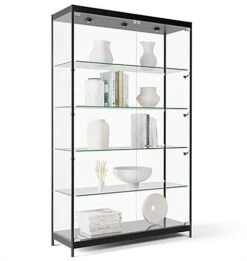48” Display Case W/ 9 LED Top & Side Lights, 4 Fixed Shelves, Hinged Doors - Black