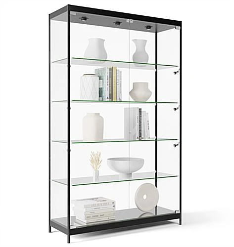 48β Display Case W/ 9 LED Top & Side Lights, 4 Fixed Shelves, Hinged Doors - Black