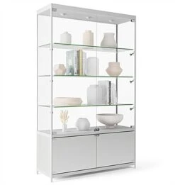 48” Display Case W/ 7 LED Top & Side Lights, 3 Fixed Shelves, Hinged Doors - Silver