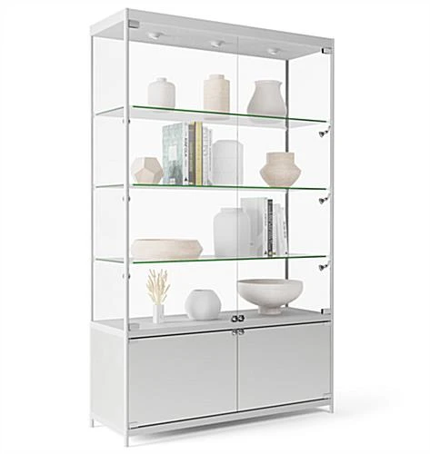 48β Display Case W/ 7 LED Top & Side Lights, 3 Fixed Shelves, Hinged Doors - Silver