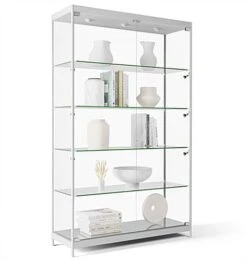 48” Display Case W/ 9 LED Top & Side Lights, 4 Fixed Shelves, Hinged Doors - Silver