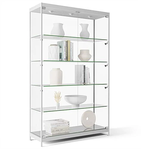 48β Display Case W/ 9 LED Top & Side Lights, 4 Fixed Shelves, Hinged Doors - Silver