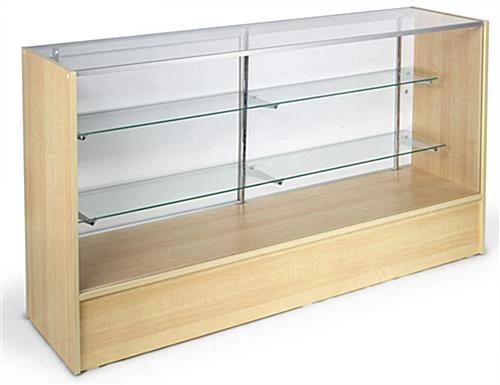 Retail Counter W/ Maple Finish, Adjustable Tempered Glass Shelves & Sliding Doors