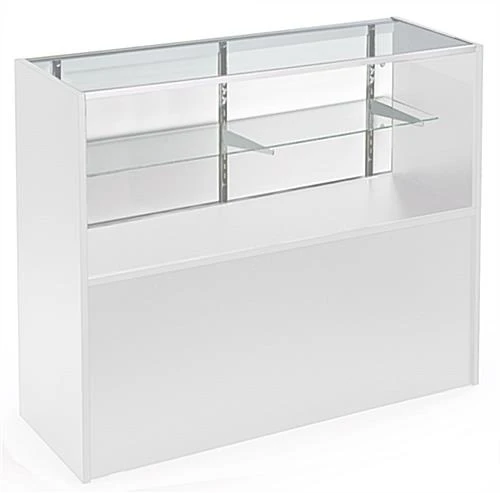 4β Display Counter W/ White Finish, Adjustable Tempered Glass Shelf & Sliding Doors