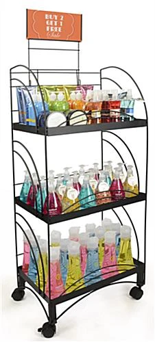 20"w Metal Shelving Display W/ Wheels, 3 Shelves & Header - Black - Image 6