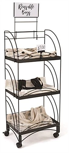 20"w Metal Shelving Display W/ Wheels, 3 Shelves & Header - Black - Image 3