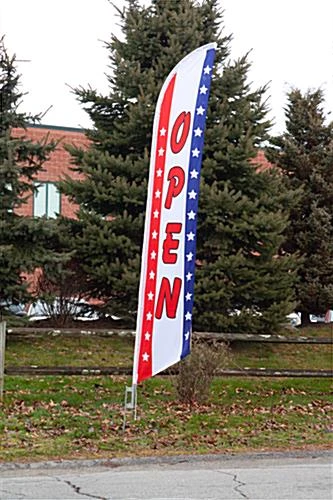 14' Feather Flag & Ground Spike With Pre-printed OPEN Message - Red, White & Blue - Image 2