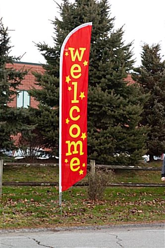 14' Feather Flag & Ground Spike With Pre-printed WELCOME Message - Yellow & Red - Image 2